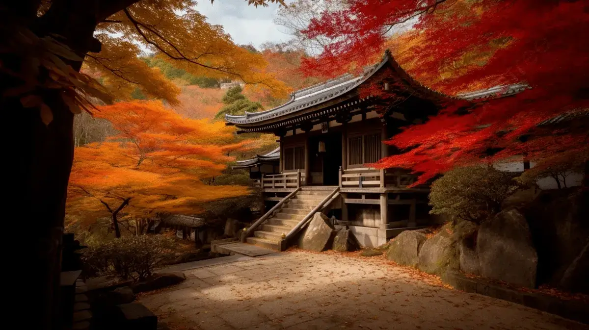 A traditional Japanese temple surrounded by autumn foliage.