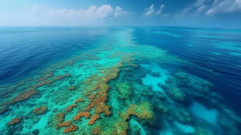 Crystal clear water showing a coral reef below.