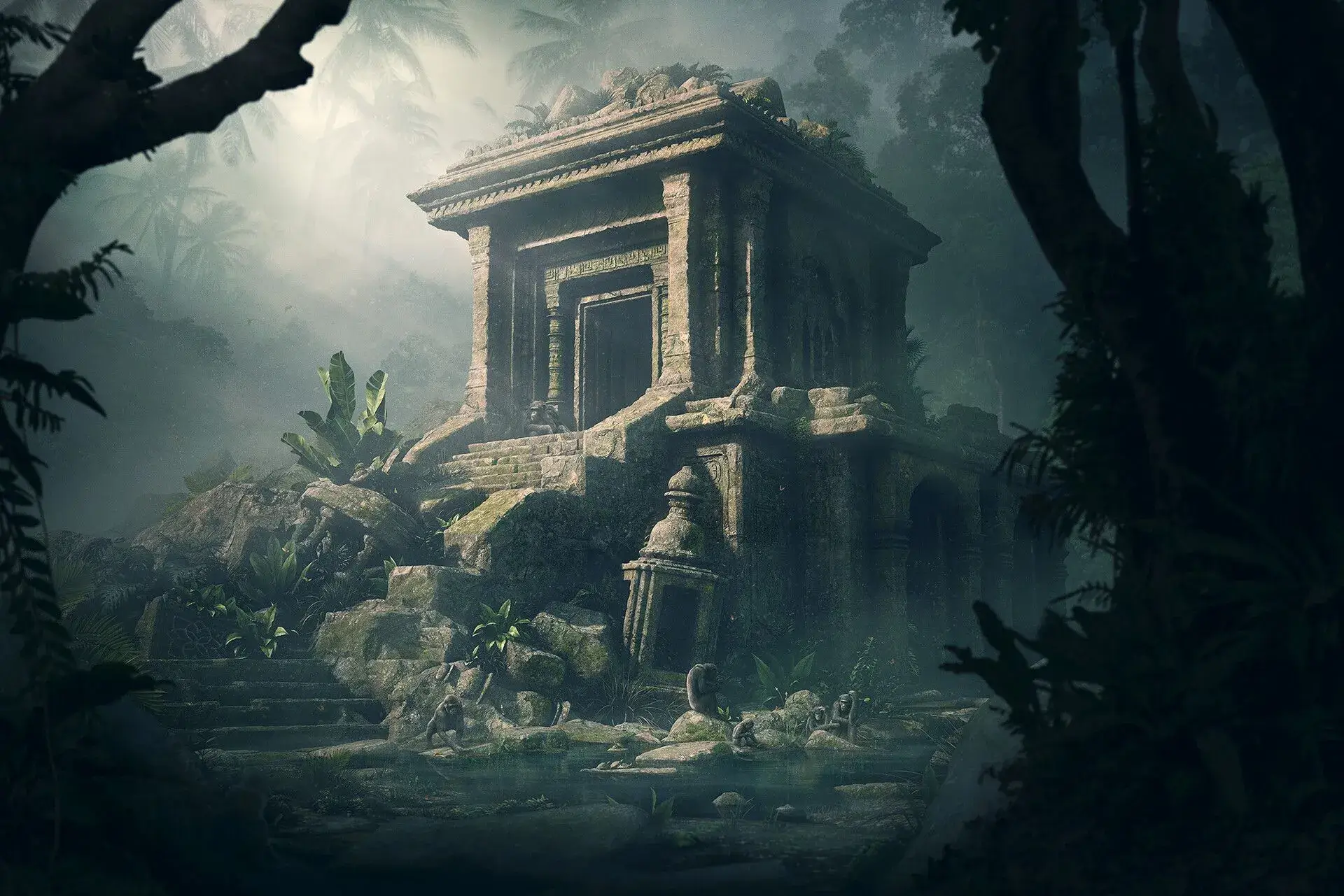 Ancient ruins in a jungle setting.