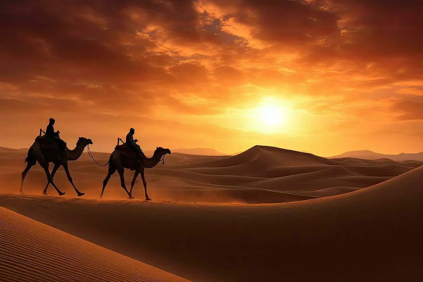 A camel caravan crossing desert dunes at sunset.