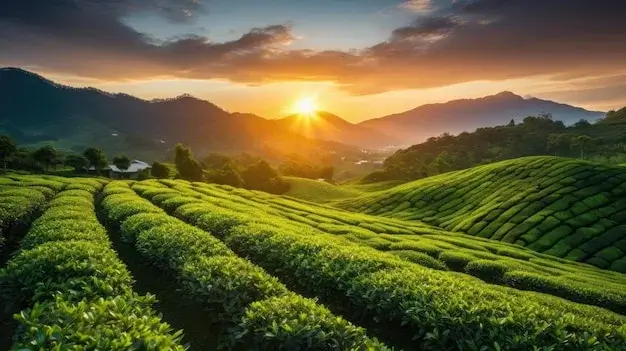 Lush green tea plantations in Asia.