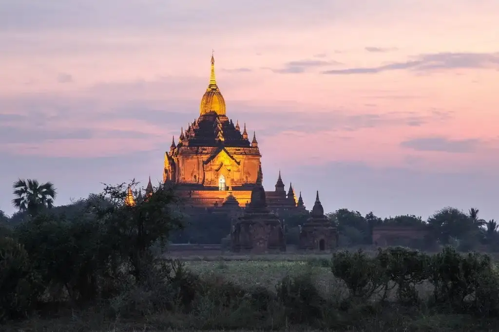 Ancient temples of Bagan in Myanmar at sunrise.