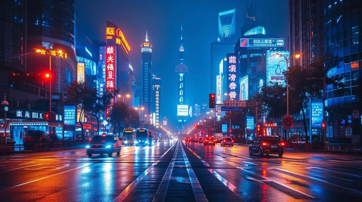 Vibrant and bustling modern city street at night.