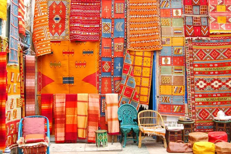 Colorful textiles at a market in Morocco.