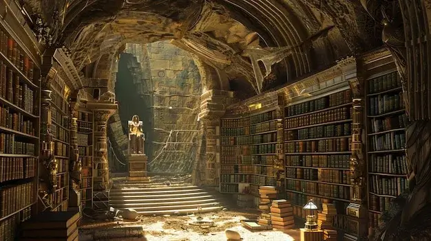 An ancient library filled with old books.