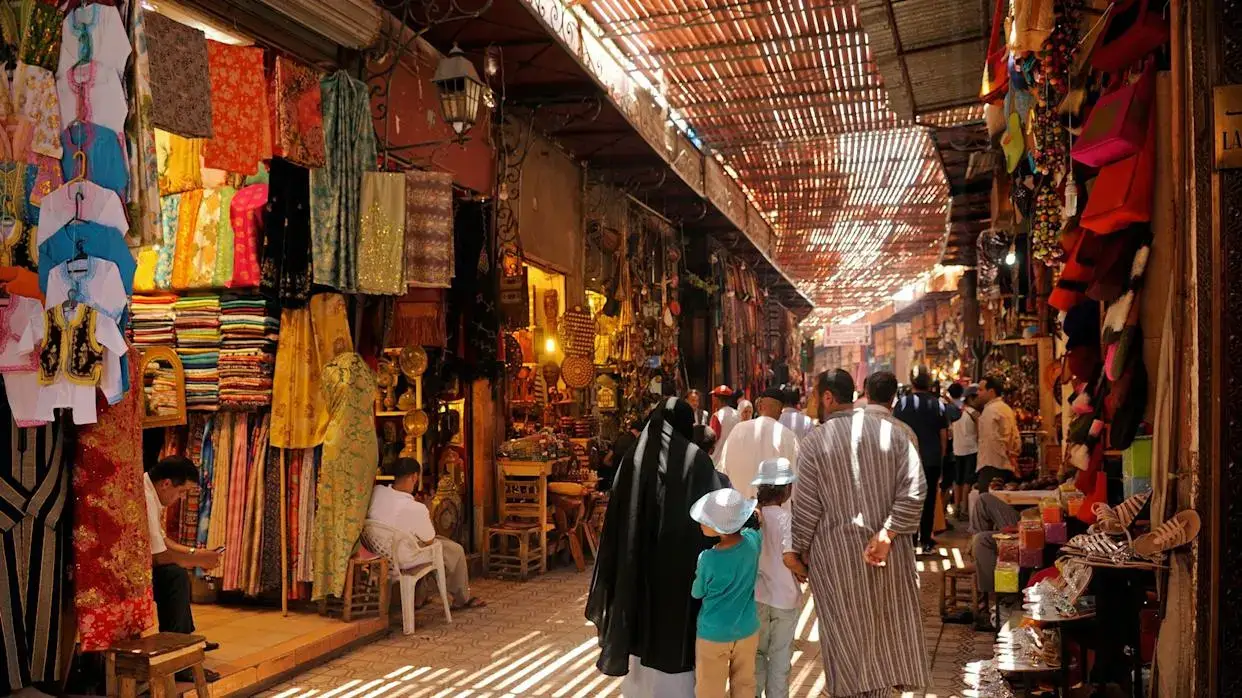 A vibrant, bustling street market in Marrakech.