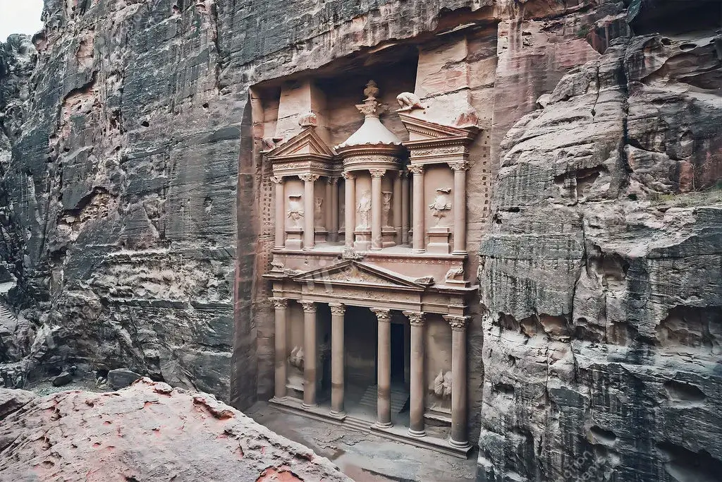 The ancient city of Petra carved into rock.