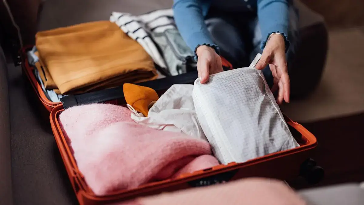 A person packing a suitcase for a trip.